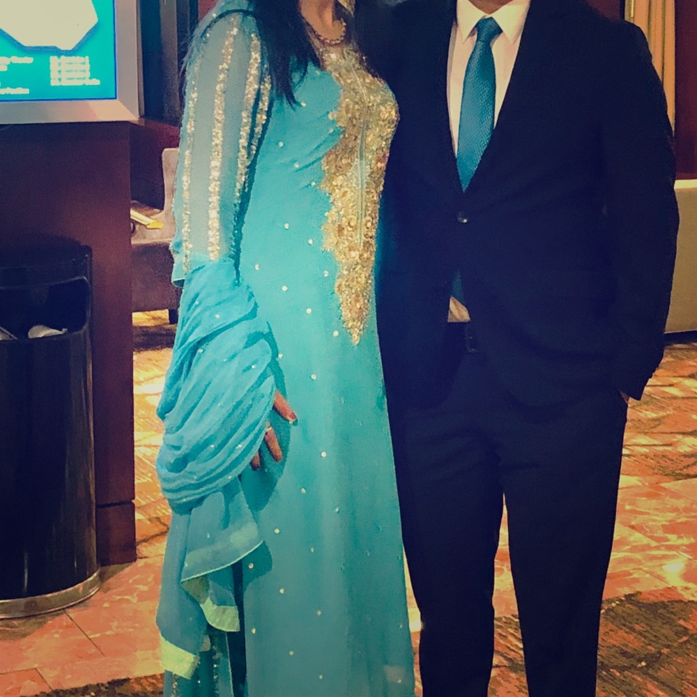 SKY BLUE AND GOLD 3 pieces fancy suit